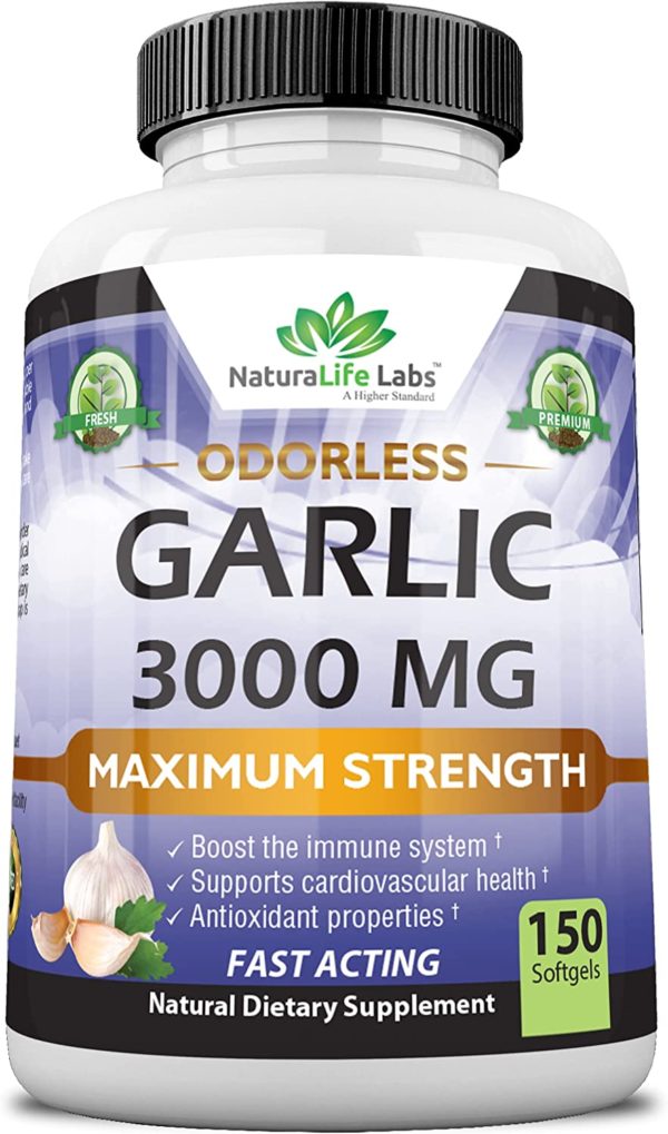 Odorless Pure Garlic 3000 mg per Serving Maximum Strength 150 Soft gels Promotes Healthy Cholesterol Levels Immune System Support