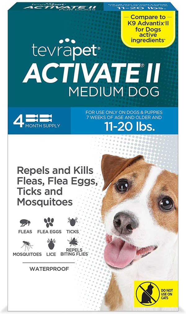 TevraPet Activate II Flea and Tick Prevention for Dogs | Medium Dogs 11-21 lbs | Fast Acting Treatment | Repels Mosquitoes